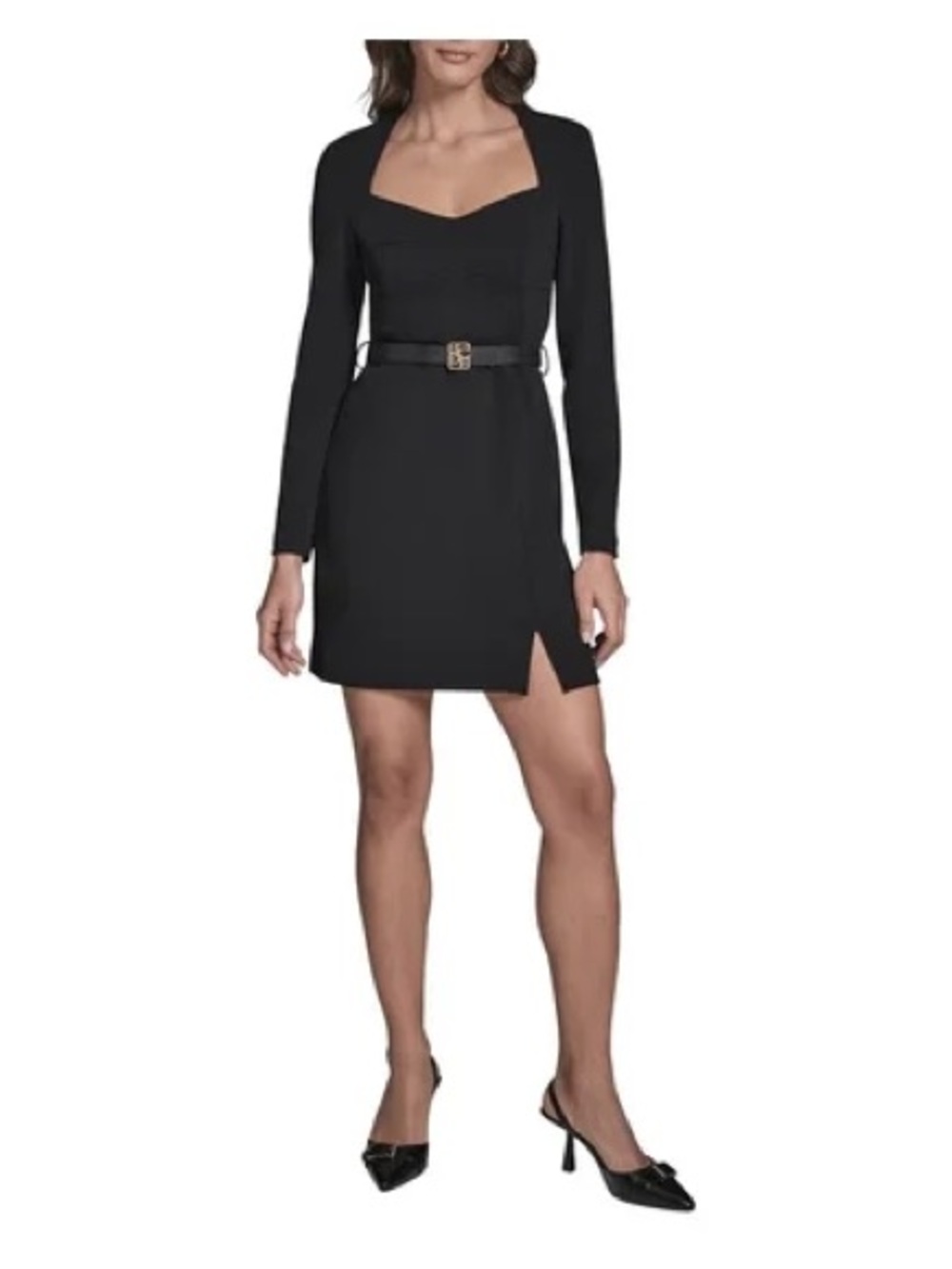 BCBG Black Long-Sleeve Mini Dress with Sweetheart Neckline and Belt